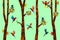 Low poly colorful Hummingbird with tree on falling leaves back ground, birds on the branches ,animal geometric concept,vector