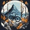 Low-poly illustration of a bicycle abandoned in the wilderness. Gray and yellow picture of a bike parked in the autumn forest.