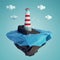 Low poly lighthouse on a rocky island in the sea