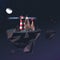 Low Poly Lighthouse in Space with Stars, Clouds, Mountains and Red Planet. 3D Render Illustration of Low Poly Beacon