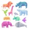 Low poly modern gradient animals set. Origami gradient paper animals. Lion, rhino, hummingbird, giraffe, mouse, bear