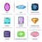 Low poly popular colored flat lay gems cuts infographics