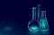 Low poly science chemical glass flasks. Magical equipment polygonal triangle blue glowing research future technology