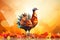 low polygonal turkey on a background of autumn leaves