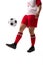 Low section of biracial young female soccer player juggling soccer ball with foot