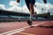 Low section of disabled man with a prosthetic leg running on track at stadium during sunny day