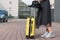 Low section of woman standing with suitcase on driveway
