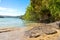 Low spreading trees over waters edge and rocky foreshore