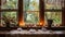A low table adorned with candles and crystals stands in front of a large window providing a serene view for