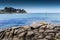 Low tide in Poludlu, Brittany, France, with a small island