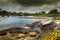 Low tide in Poludlu, Brittany, France, with a small island