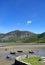 Low tide - small fishing boats on the sand flats at the Welsh coastal village of Trefor.