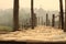 low view of the bamboo matting and textures on an early morning at a famous tourist location bamboo bridge, Mae Hong Son, Northern