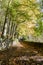 Low view of quiet fall leaves cover a flat road with stone walls on each side and tall trees to the left near Doune Castle in