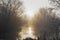 Low winter morning sunlight shines across a foggy lake