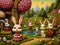 Lowbrow claymation style of a fantasy island with the cute rabbits and amazing view of landscape, animal creatures, cinematic