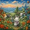 Lowbrow style of fantasy landscape with adorable rabbits on foreground, cinematic, animal, flowers, cute, t-shirt prints