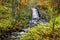 Lower Hungarian falls in Michigan upper peninsula near Hancock city surrounded by fall foliage.