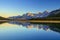 Lower Kananaskis Lake at sunset on a clear summer day