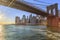 Lower Manhattan and Brooklyn bridge from Hudson river in New York City, New York