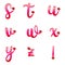 Lowercase ABC letters with Hindu symbols gemstones and rose petal patterns. Red and pink gradient floral alphabets. Vector logo.