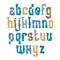 Lowercase calligraphic letters drawn with ink brush, colorful vector font.