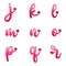 Lowercase pink red gradient floral alphabets.  ABC letters with Hindu symbols gemstones and rose petal patterns. Vector for logo.