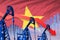Lowering, falling graph on Vietnam flag background - industrial illustration of Vietnam oil industry or market concept. 3D