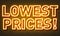 Lowest prices neon sign on brick wall background.