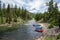 Lowman Idaho - July 1, 2019: Rafting tours put in rafts down the ramp at Boundary Creek area of Idaho, a popular spot for starting