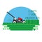Lown care services flat background vector design. cutting grass with lawn mover.