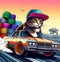 Lowrider Anthropomorphic Cat drive tuned car smoke wheels drifting in street party parade
