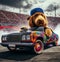 Lowrider Anthropomorphic labradoodle dog drive tuned car smoke wheels drifting street party parade