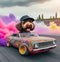 Lowrider Anthropomorphic labradoodle dog drive tuned car smoke wheels drifting street party parade