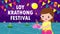 Loy Krathong Festival banner concept with cute thai female in National costume holding krathong in full moon night and lanterns