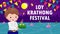 Loy Krathong Festival banner concept with cute thai male in National costume holding krathong in full moon night and lanterns