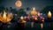 Loy Krathong festival with colorful candles light and full moon in Thailand background. Floating ritual banana leaves vessel or