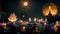 Loy Krathong festival with colorful candles light and full moon in Thailand background. Floating ritual banana leaves vessel or