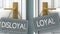 Loyal or disloyal as a choice in life - pictured as words disloyal, loyal on doors to show that disloyal and loyal are different