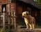 Loyal Dog Standing Guard Outside Wooden House in Village