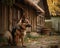 Loyal Dog Standing Guard Outside Wooden House in Village