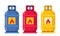LPG. Flammable gas tanks, set. Propane, butane, methane gas tank. Gas cylinder bottle. Vector illustration