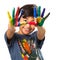 Lttle asian boy with hands painted in colorful paints