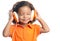 Lttle girl with an afro hairstyle enjoying her music on bright orange headphones