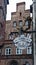 Lubeck, Germany - 07/26/2015 - View of old brick house and signboard, beautiful architecture