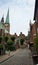 Lubeck, Germany - 07/26/2015 - View of street and Saint James church, beautiful architecture