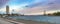 Lubeck Travemunde, Germany, January 15, 2023: Panorama with exciting sky, opening of the river Trave into the Baltic Sea between