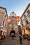 Lublin, Poland - August 10, 2017: Beautiful evening street, glowing balloons and old bright buildings in the old town of Lublin, P