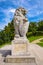 Lublin, Poland - Monumental statue of a lion, symbol of Lviv city in front of medieval Lublin Castle royal fortress in historic