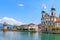 Lucerne city view with river Reuss and Jesuit church